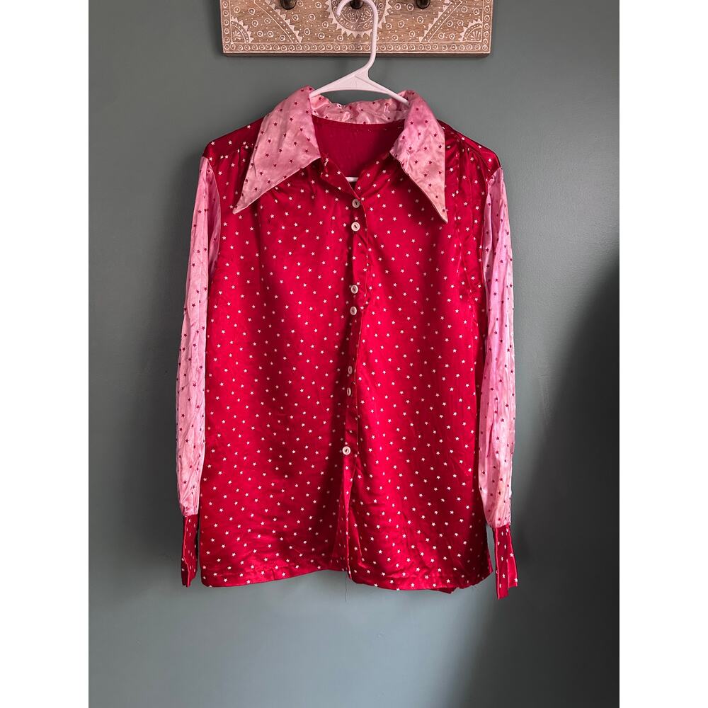 Vintage 50s Pink and Red Heart Satin Button Down Long Sleeve Blouse